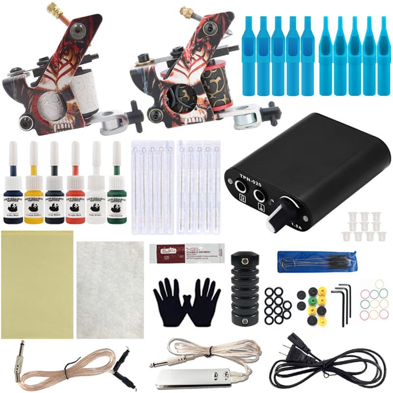 Tattoo Kit for Beginners Coil Tattoo Machine Kit Dual Liner Shader Set with Power Supply 5RL 5M1 Cartridges Pedal Transfer Paper Compact Set for Starter Artists
