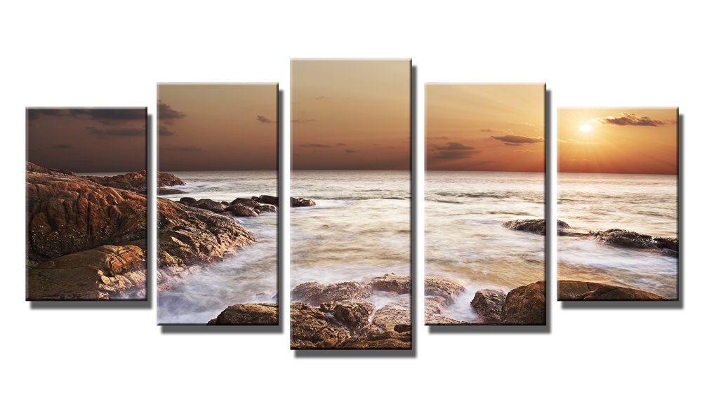 Wieco Art The Rocky Sea Large Modern 5 Piece Giclee Canvas Prints Artwork Seascape Beach Pictures Paintings on Canvas Wall Art for Living Room Bedroom Home Decorations L