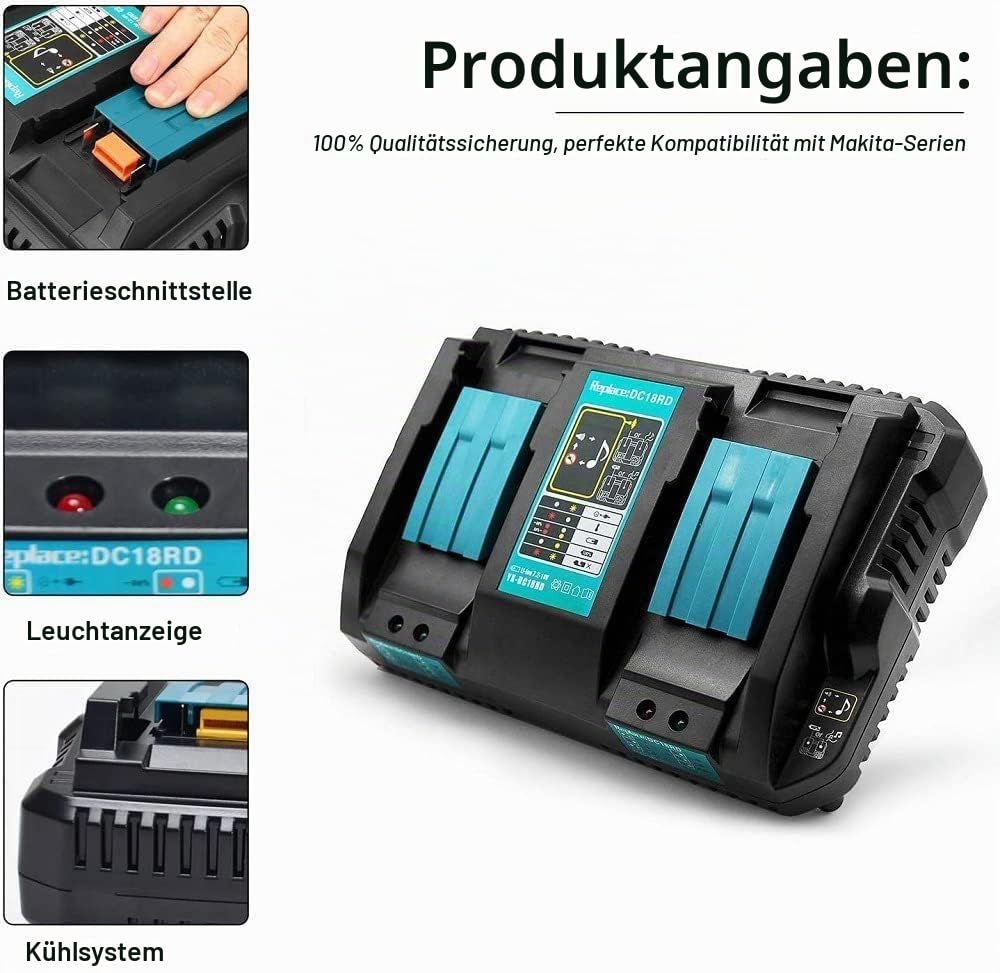 Akku Ersatz für Makita Akku 18V 5Ah 2 Stück BL1850B mit Ladegerät 18V Doppelladegerät DC18RD DC18SF Kompatibel mit Rasenmäher DLM432Z 2 x 18v DUC353 DUC355Z DDF485Z
