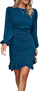 ZPLxi Women's Casual Dress Crew Neck Lantern Long Sleeve Slim Slit Ruffle Hem Vintage Cocktail Party Bodycon Formal Midi D...