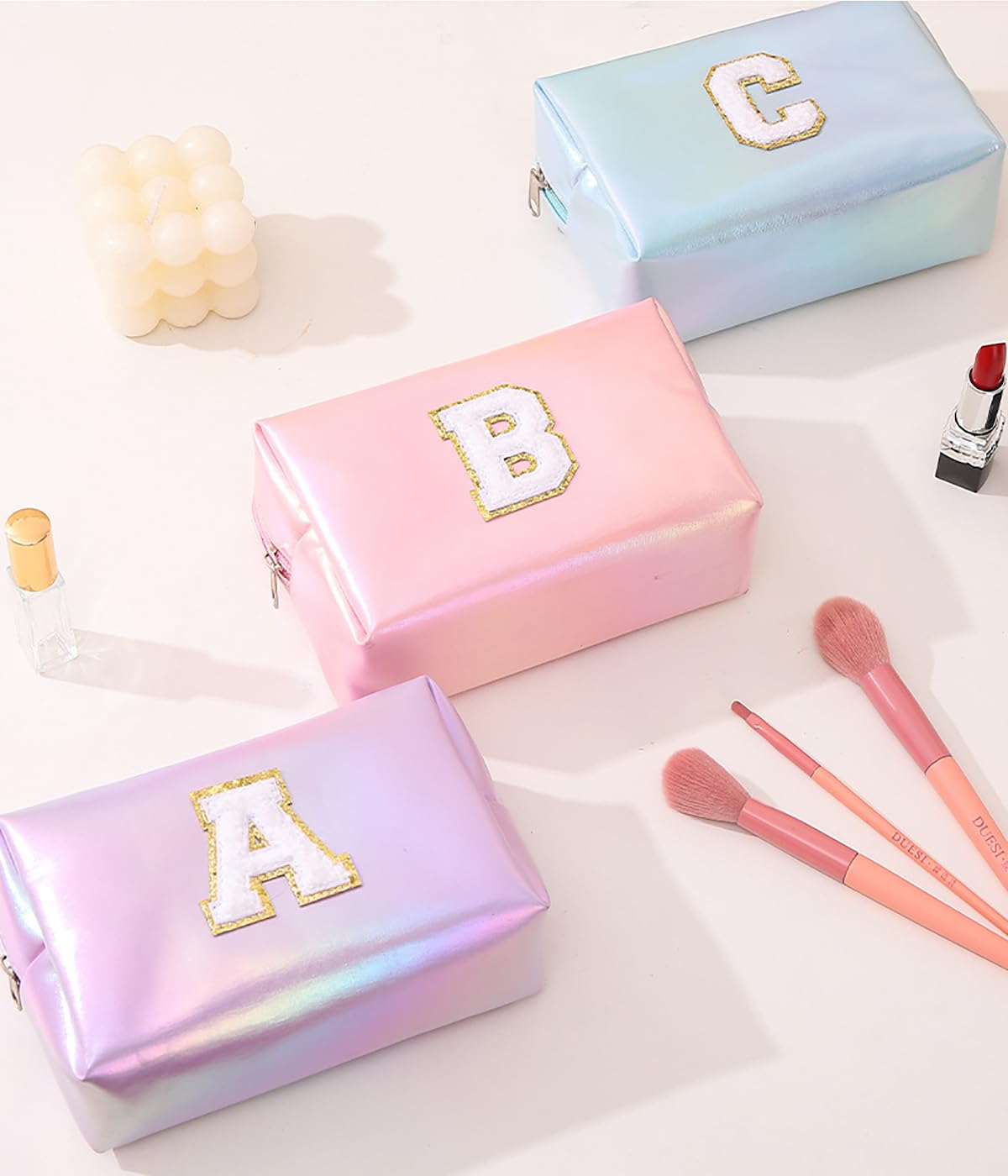 Regali di compleanno per donne, mogli, borsa per trucchi da viaggio, borsa per cosmetici, borsa per lettere in ciniglia, organizer da viaggio per trucchi, cose carine per ragazze adolescenti