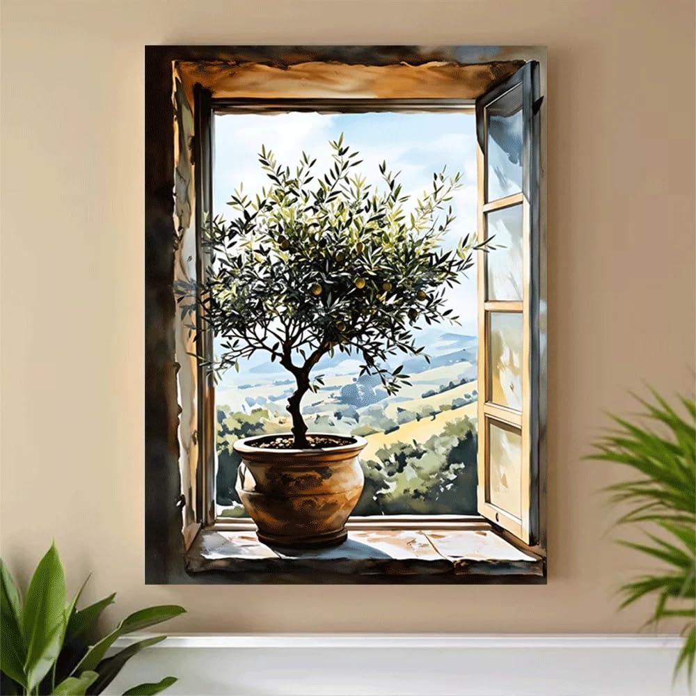 GOSRD Canvas Prints Poster Window View Olive Tree Landscape Art Summer(70x110cm/Frameless)
