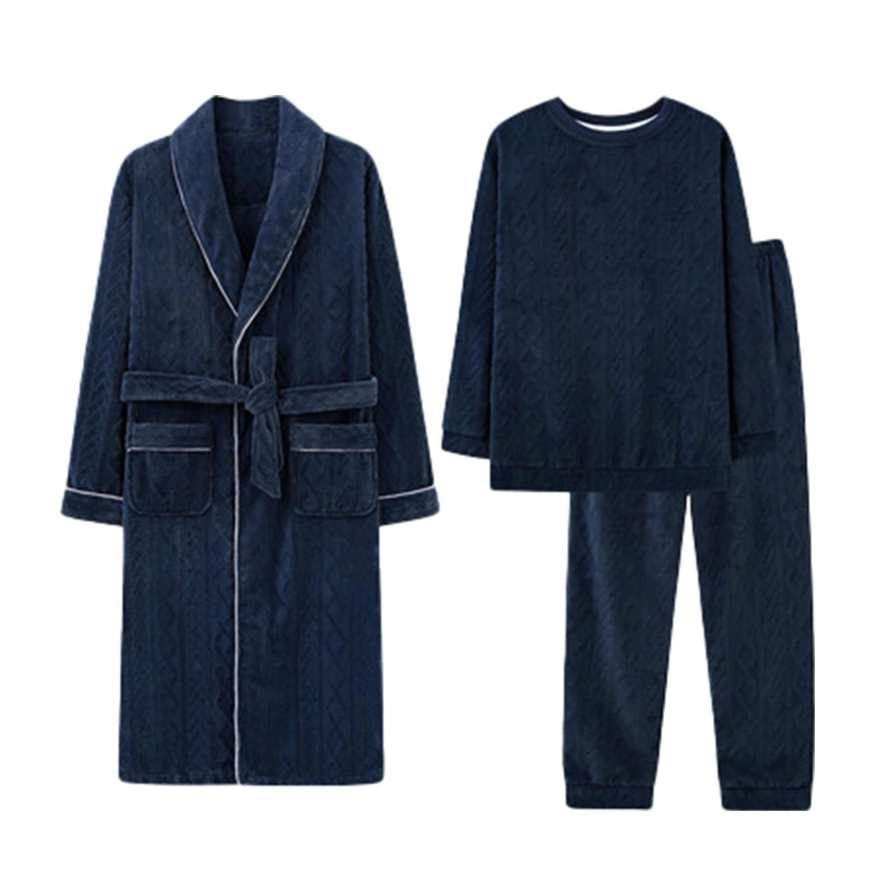 Ensemble de Pyjama 3 pièces pour Homme col Rond Polaire épaissie Ensemble de Pyjama à Manches Longues avec Pantalon de Pyjama Robe