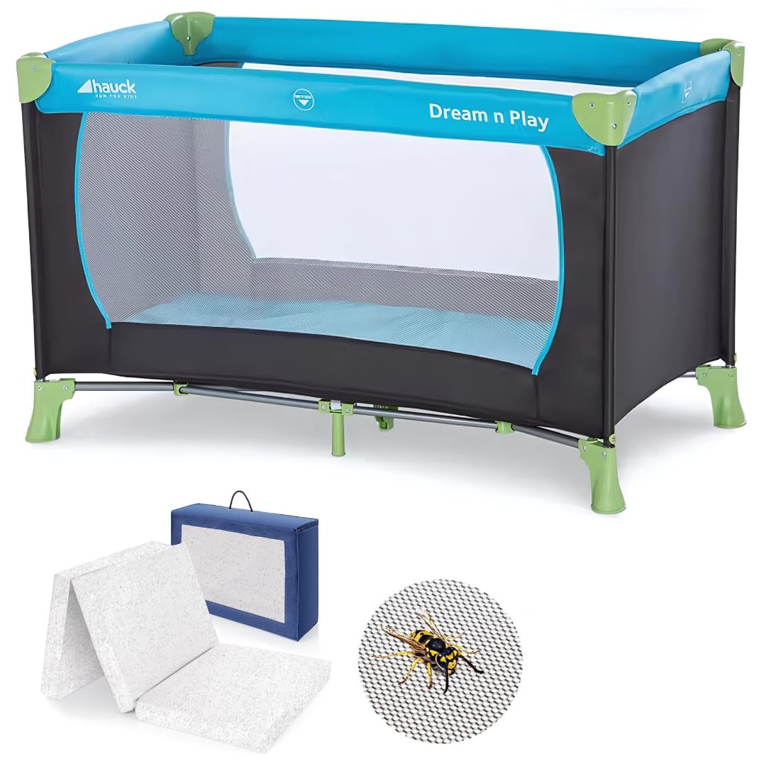 hauck Set Dream N Play Culla Neonato con Materasso Alvi 120x60cm - Lettino Neonato da Viaggio Pieghevole - Lettino da Campeggio con Borsa e Zanzariera - (Blu acqua)