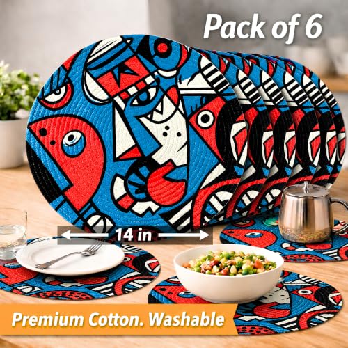 Image of Zimittory Round Cotton Dining Table Mats Set of 6, 14-inch, Pablo Pop