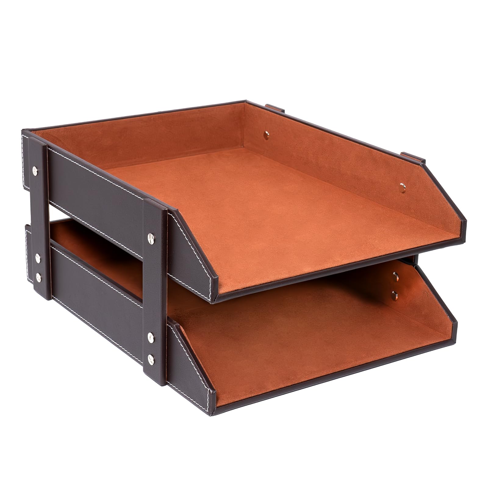 Leather Desk Organizer, Letter Tray Holder with Accessories, 2-Tier Stackable Office Supplies Desktop Storage Box for Documents Notebooks Magazines