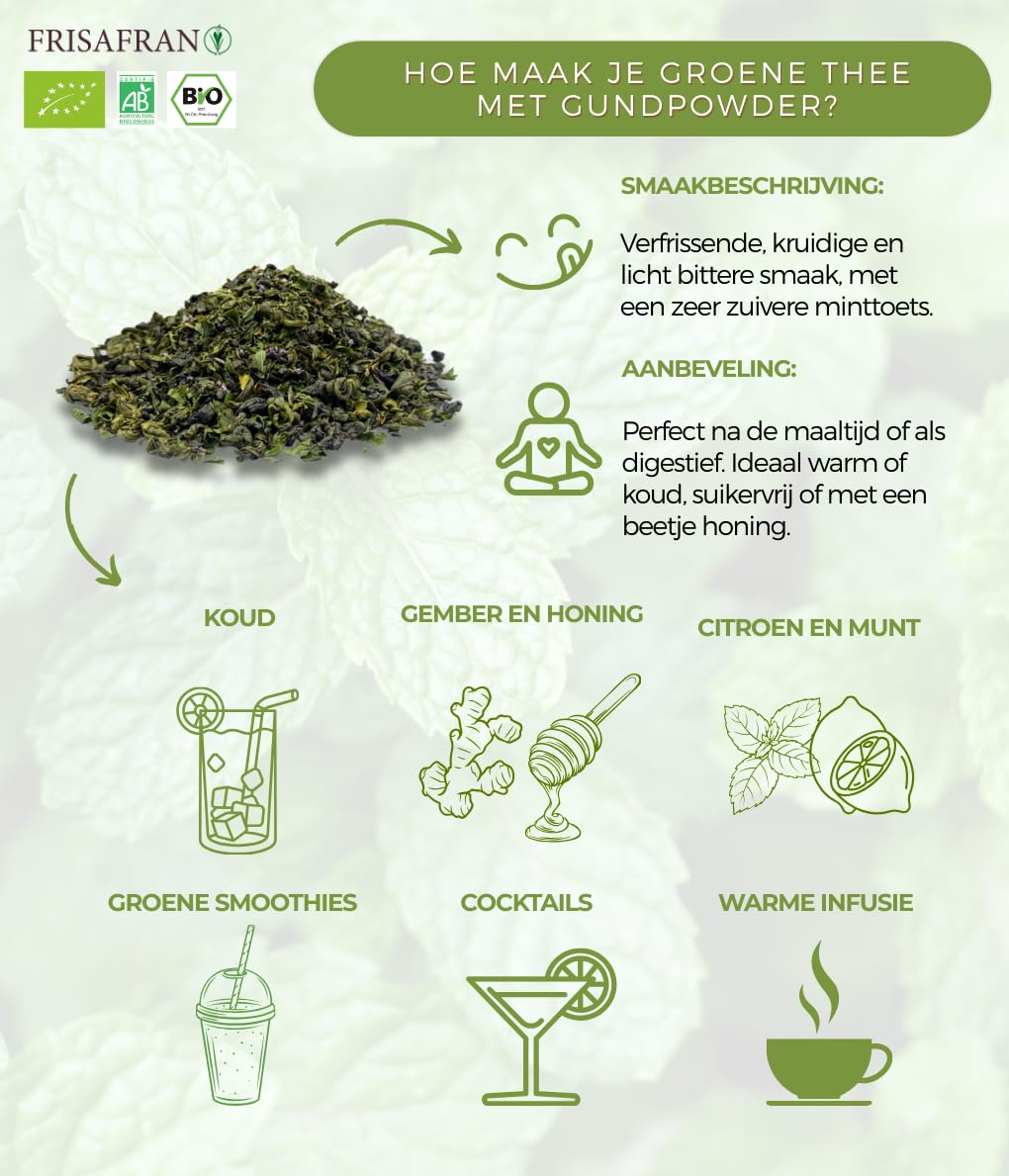 FRISAFRAN | Organiczna miętowa zielona herbata Gunpowder luzem 100 g | przeciwutleniacz | japońska zielona herbata | trawienie | zdrowy | orzeźwiający napój | napar z mięty | czysta herbata | liście