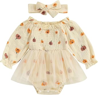 Newborn Baby Girl Halloween Outfit Pumpkin Long Sleeve Bubble Romper Dress Fall Winter Clothes