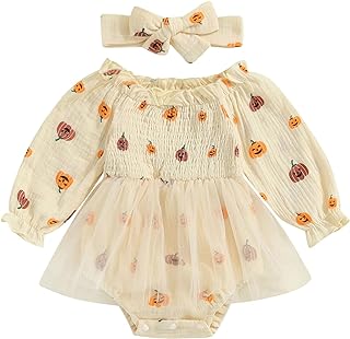 Baby Girl Halloween Outfit Newborn Pumpkin Romper Dress Puff Sleeve Ruffle Bodysuit Jumpsuit Fall Clothes - Buy now