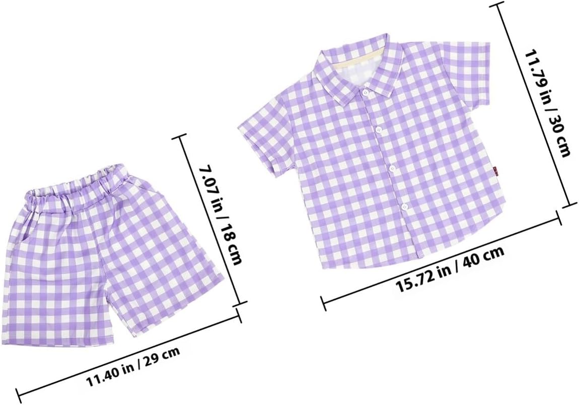 Boys Summer Outfit Set, Short Sleeve Plaid Shirt and Pants, Lightweight Breathable Cotton, Purple, Suitable for 100cm Height, Clothing for Casual Wear