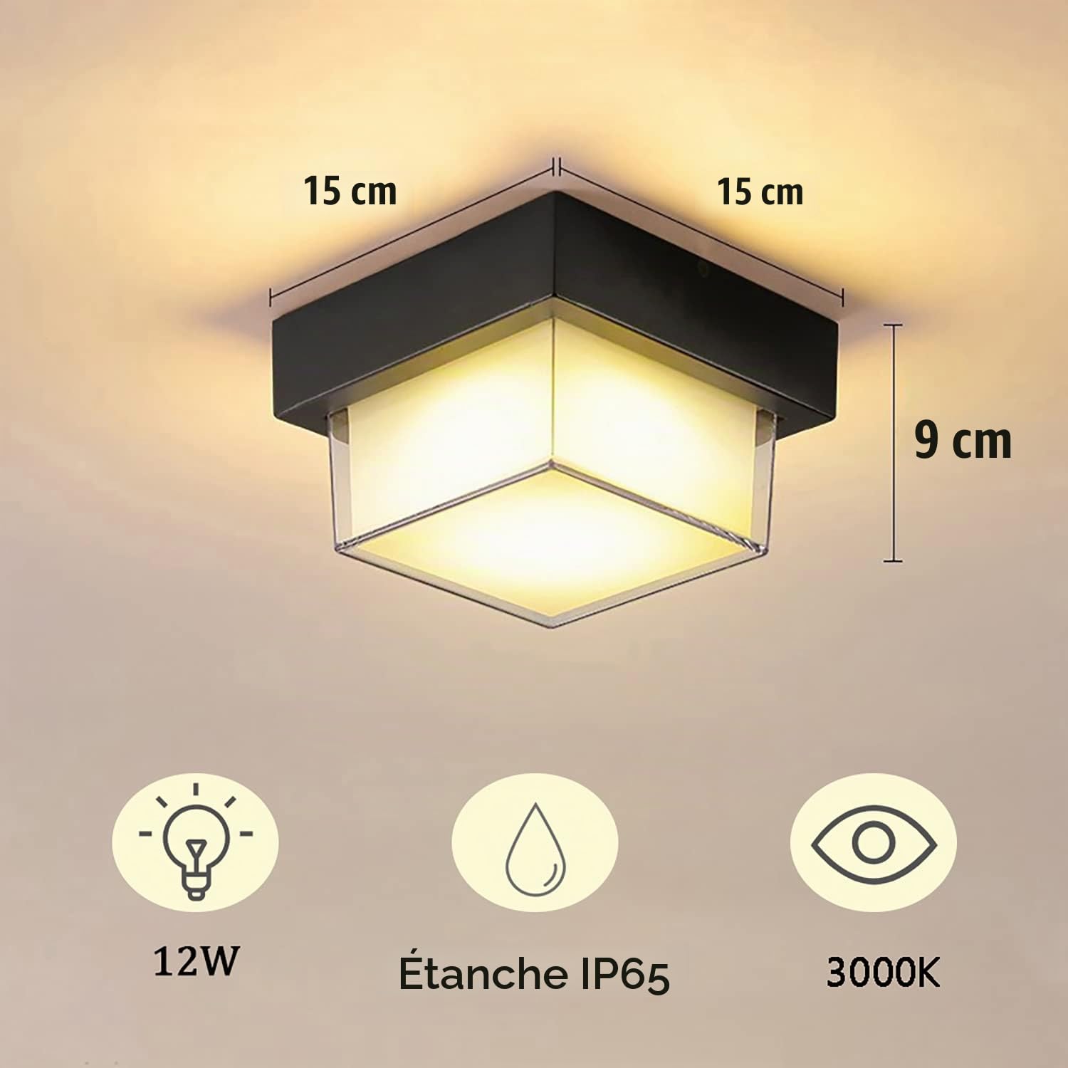 KZT Plafonnier LED Intérieur Detecteur de Mouvement 15W Exterieur Applique Murale Lampe avec Capteur Crépusculaire IP65 Étanche pour Escalier Garage Couloir Balcon Salle de Bains Porche Entrée, 3000K