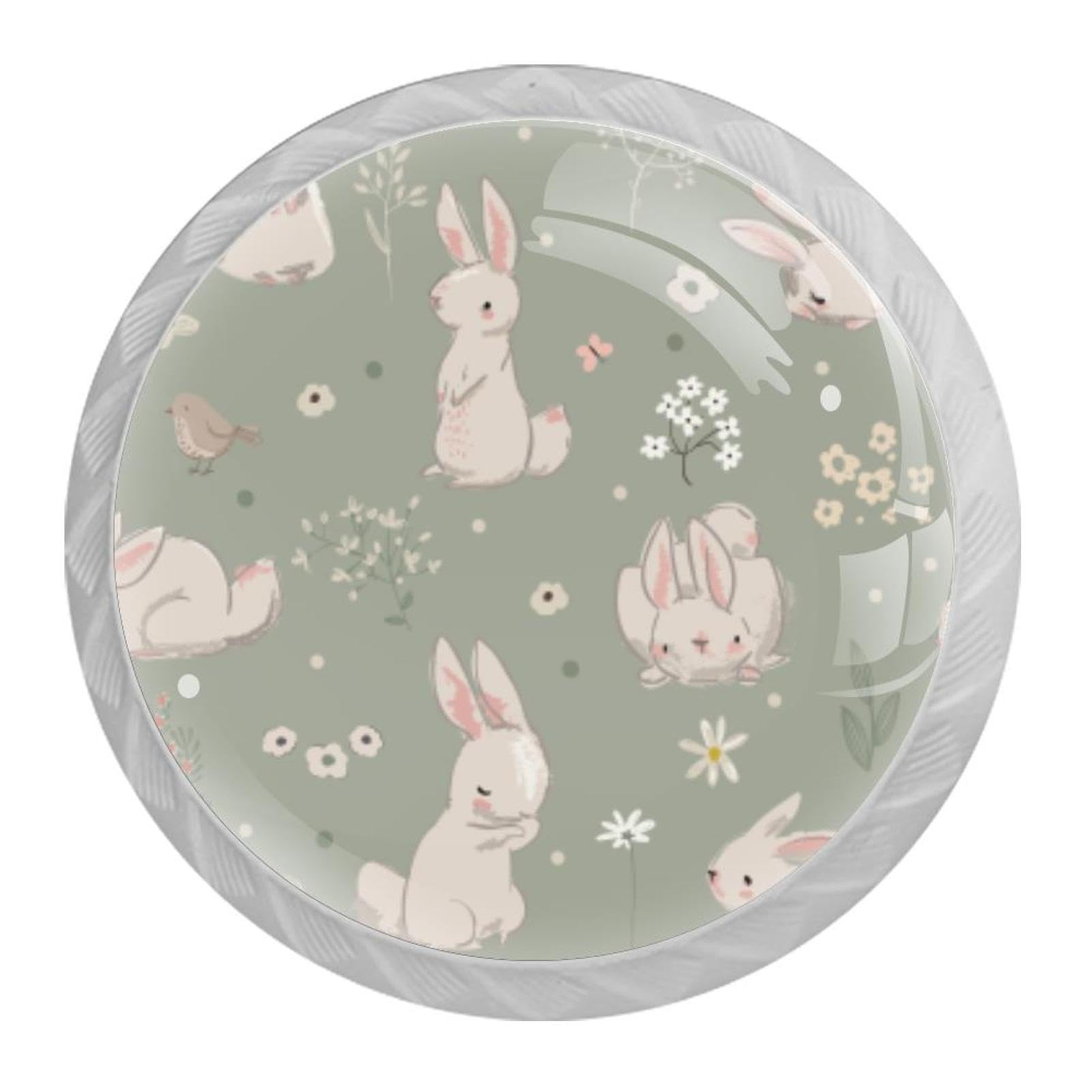 Tqmspg 4 Pieces Drawer Pulls Rabbits Florals Door Knobs Dresser Handles for Kitchen Wardrobe Cupboard Hardware Furniture