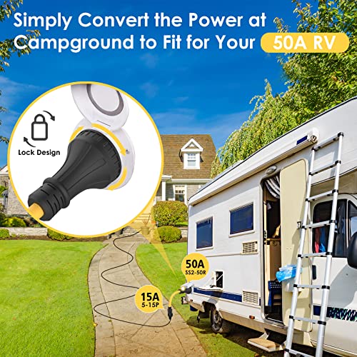 50 Amp To 15 Amp 110 Rv Adapter Cord With Locking Connector, Nema 5-15P Male To Ss2-50R Twist Lock Female Electrical Power Dogbone Plug, Heavy Duty Stw 10 Gauge For Rv Trailer Camper #TOP3