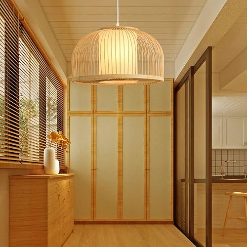 Miniatura 4 de WFZRXFC Lámpara colgante de barra de té semicírculo, iluminación del hogar, estilo chino, cesta de bambú tejida a mano, lámpara colgante de ratán