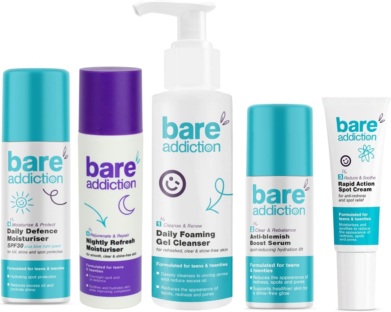 Bare Addiction Everyday Skincare Kit: Day and Night Moisturiser, Rapid Action Spot Cream, Anti Blemish Boost Serum and Daily Foaming Gel Cleanser