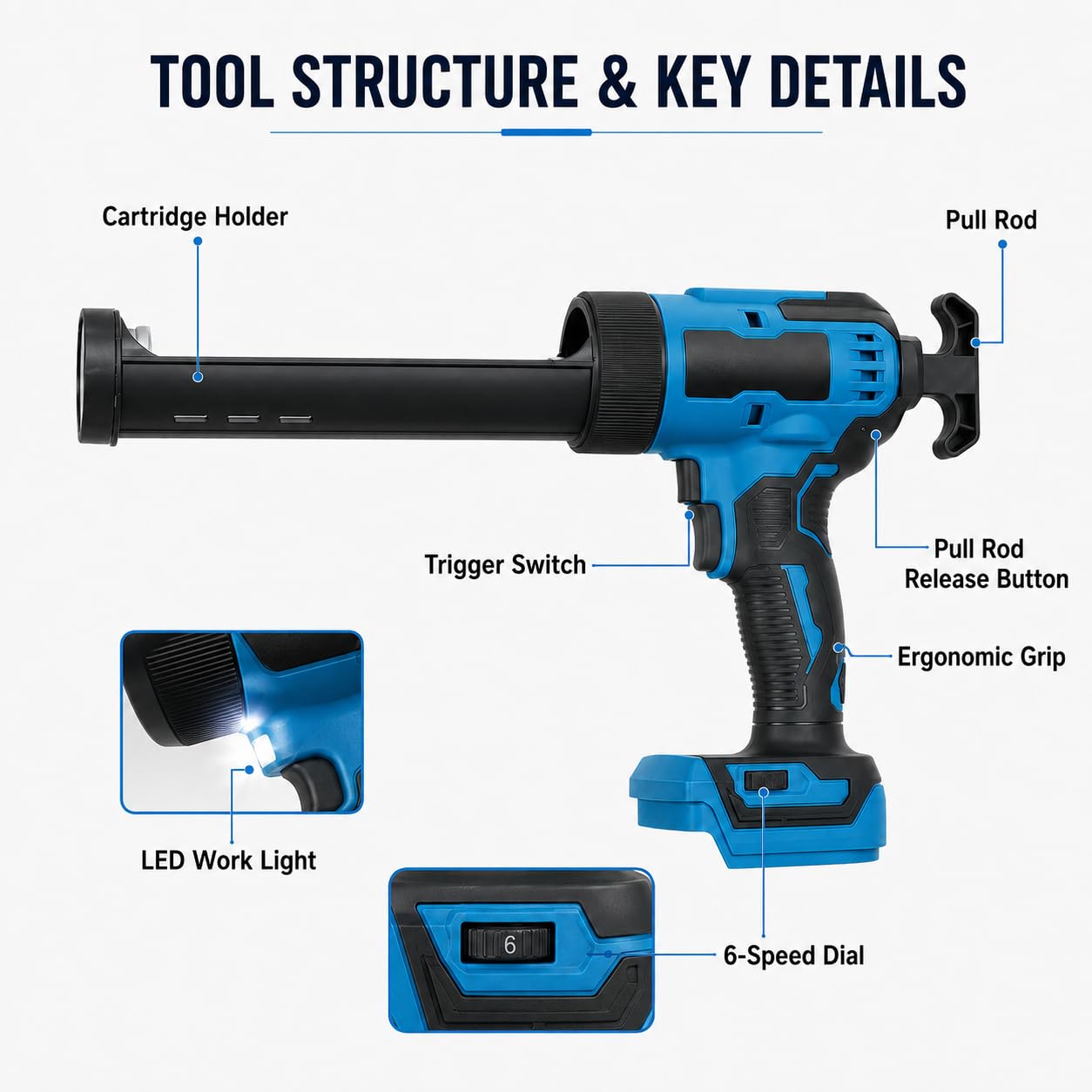 Pistolet à calfeutrer électrique sans fil 6 vitesses pour mastic avec LED