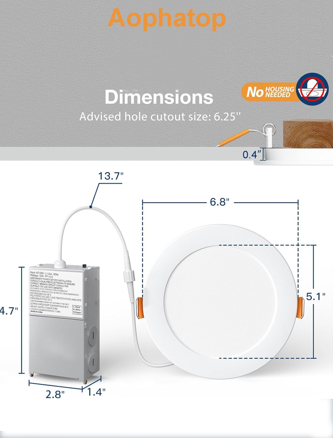 Aophatop 12 Pack 6 Inch 6000K Daylight Ultra-Thin LED Recessed Ceiling Light with Junction Box, 1080LM Brightness, Dimmable Canless Wafer Downlight 12W 110W Eqv Can-Killer Downlight.