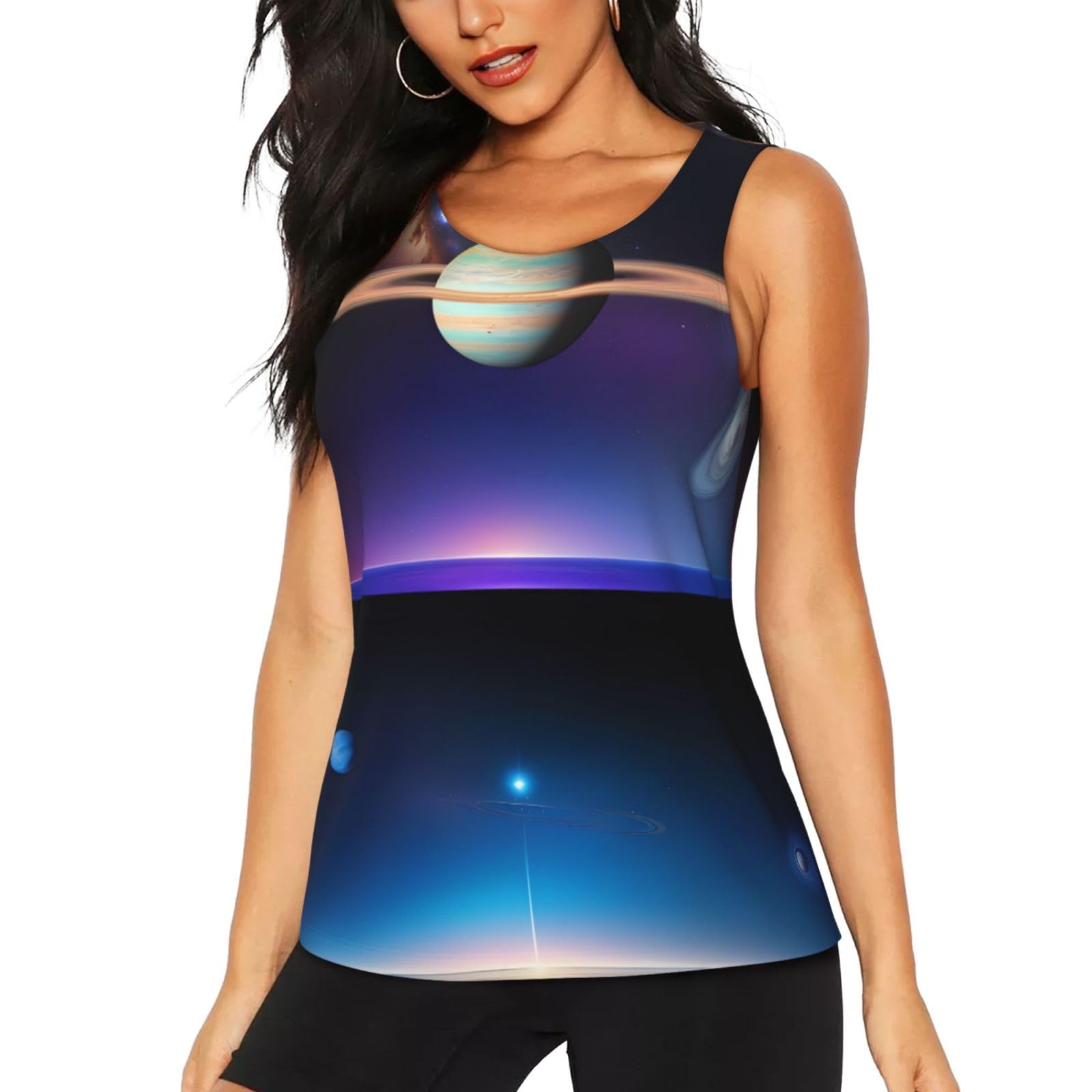 Jxwcher Women's Black Quick-Dry Athletic Tank Top,Cosmic Saturn Print Gym Shirt For Running,Yoga,Training Workout Top, Xl