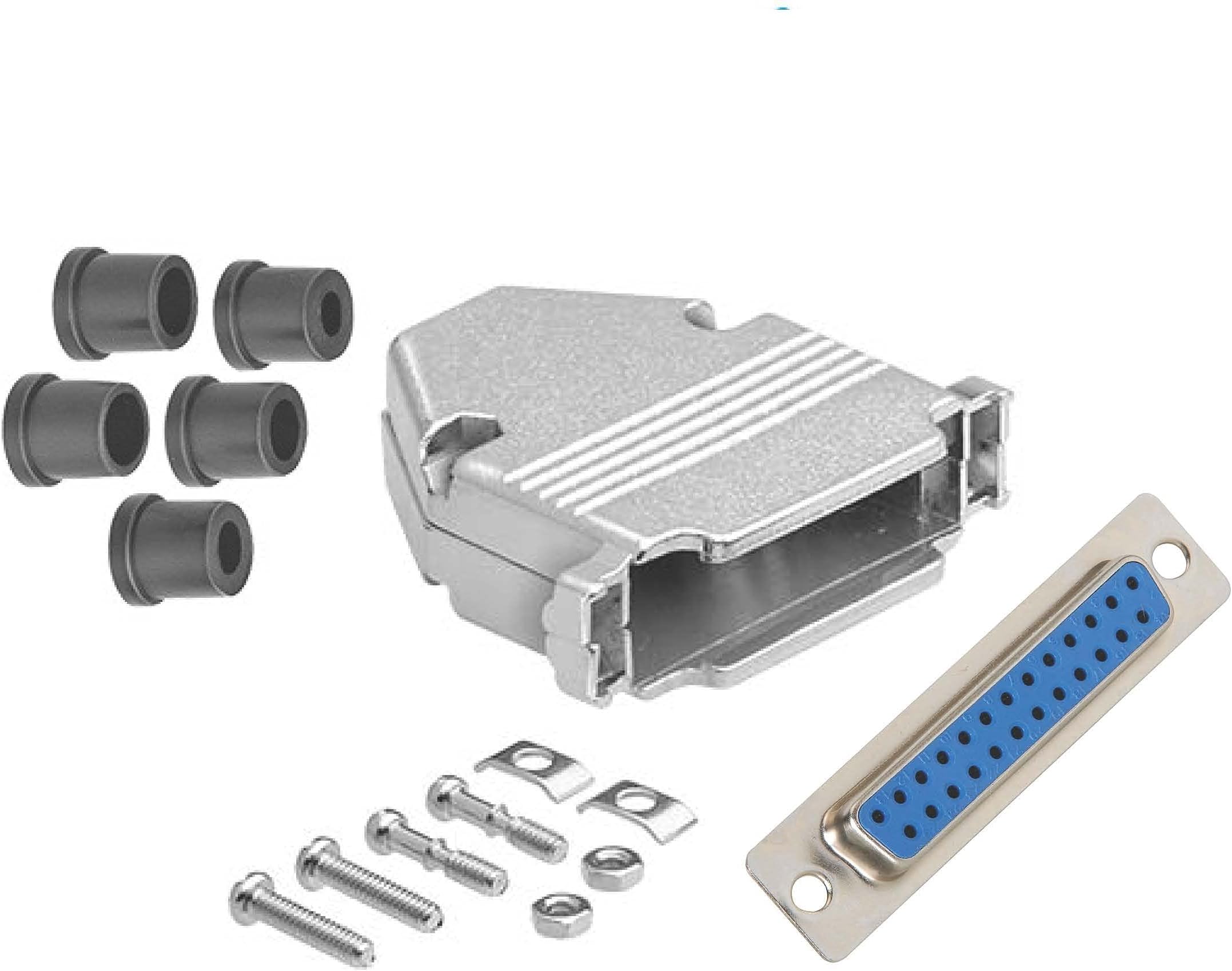 CompuCablePlusUSA.com Best DB25 Female Connector Kit, DB25 D-Sub Female Solder Type+Metal Hood + Strain Relief Grommets, Complete DB25 Female Solder Type DIY Set Fix/Make/Assembly Your own DB25 Cable.