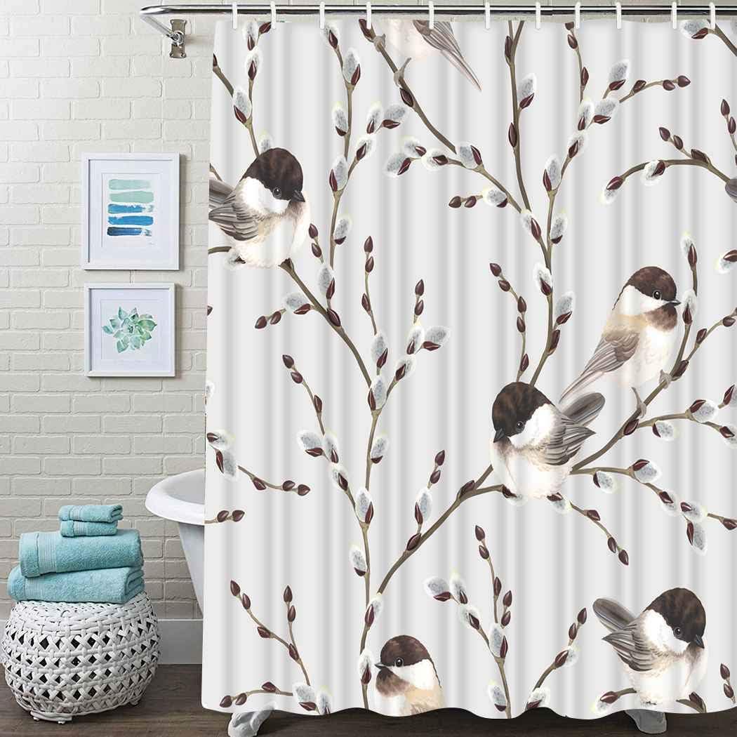 Guftay Rustic Shower Curtain, Willow Branches and Birds Black Capped Chickadee Gray Vintage Shower Curtain, Waterproof Fabric for Bathroom Decor Shower Curtains Set with Hooks, 72" X 72"