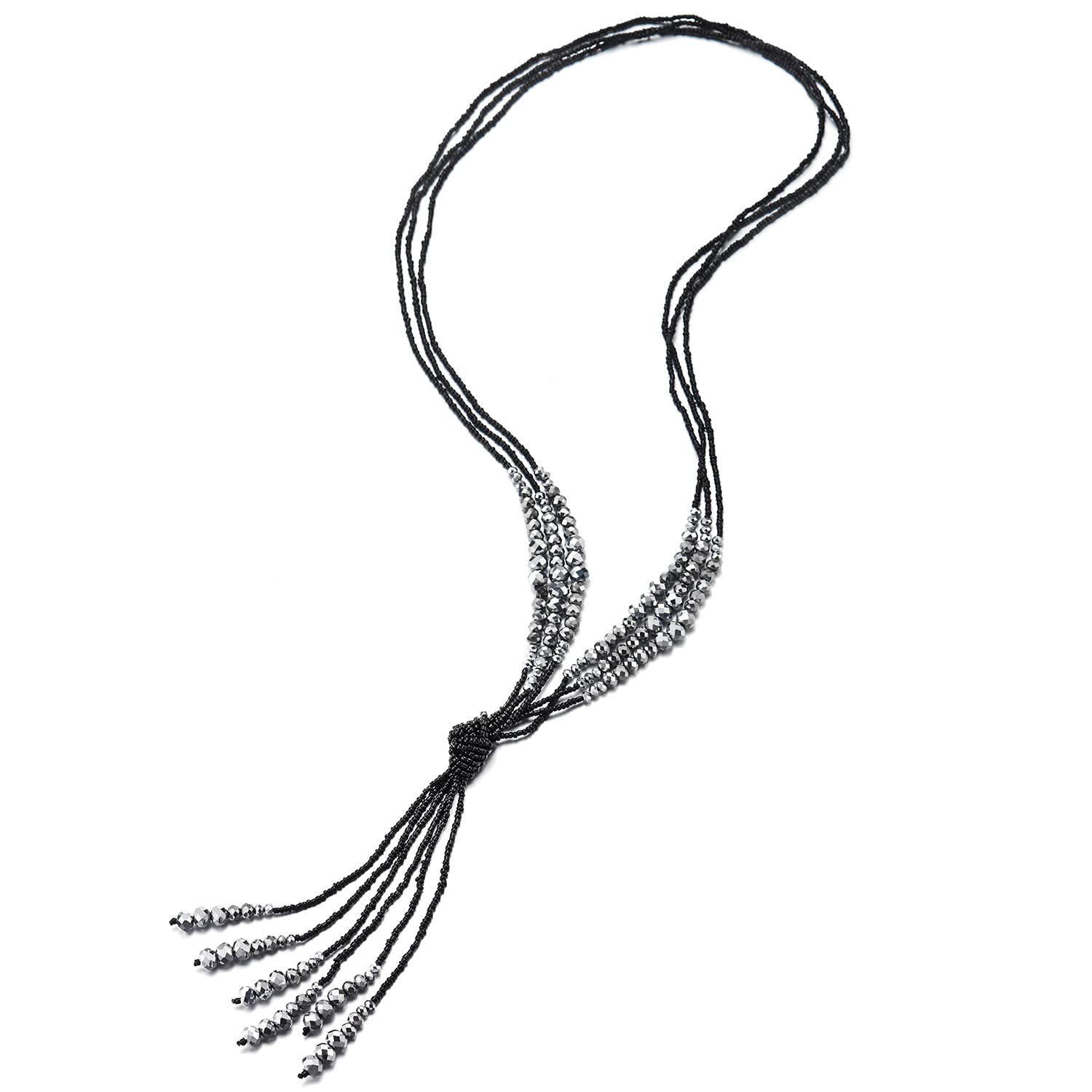 COOLSTEELANDBEYOND Bohé Chic Lariat Statement Flequillos Borla Colgante Cristal Perlas Tres Hebras Cadena Larga Y-Forma