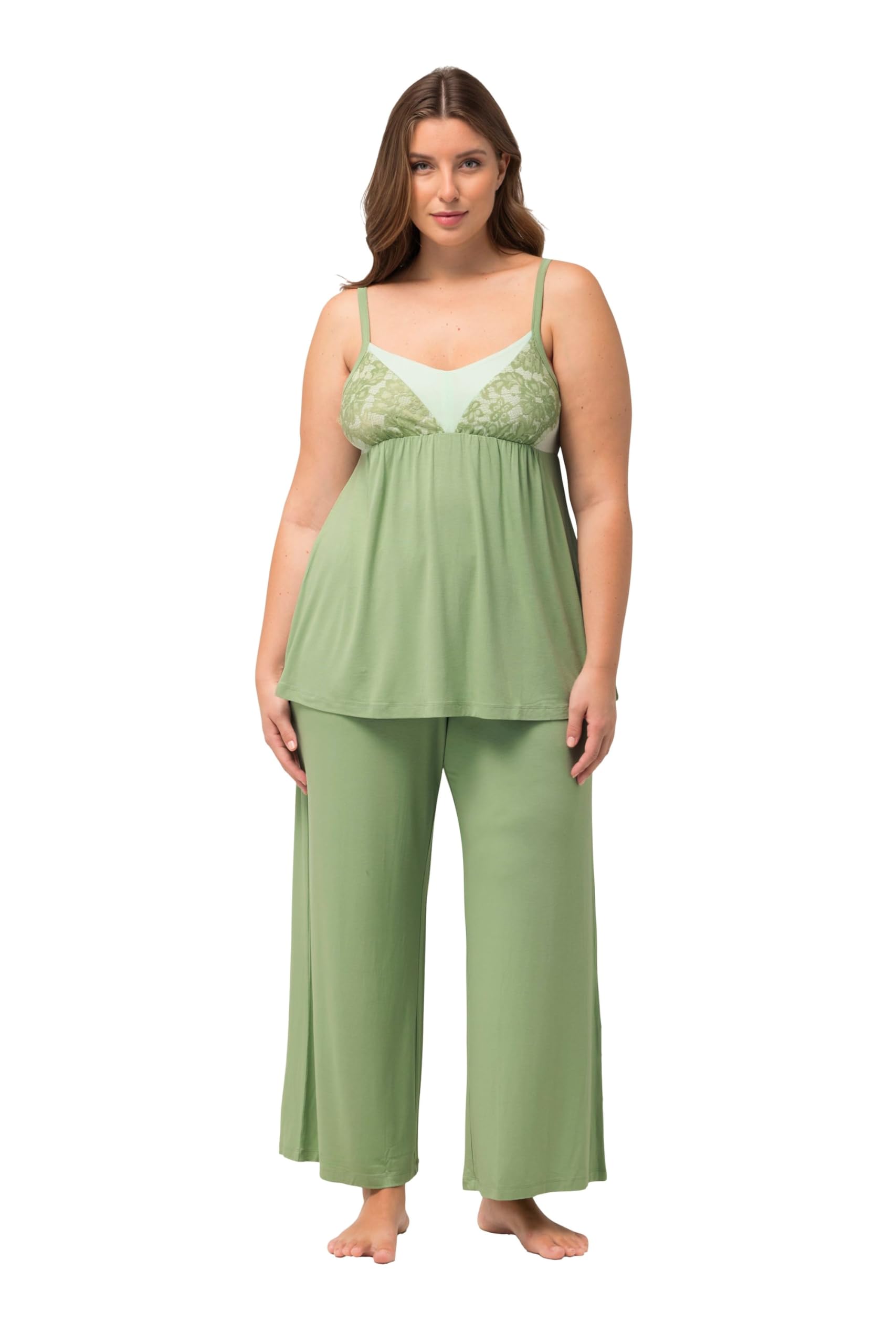 Ulla Popken Damen große Größen Übergrößen Plus Size Pyjama, Spitzenband, V-Ausschnitt, ärmellos 820618