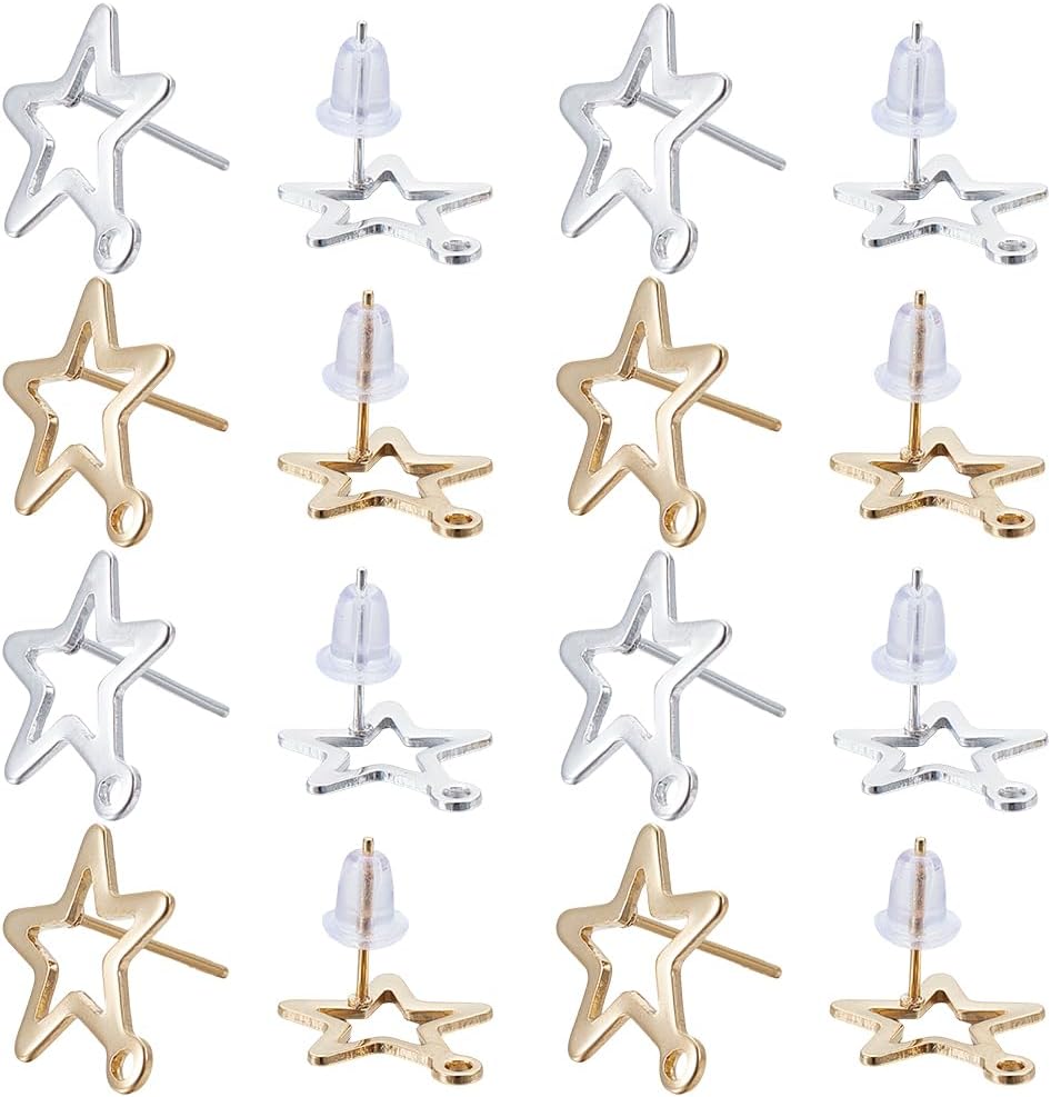 SUNNYCLUE 1 Box 100Pcs Star Earring Posts 24K Gold Plated and Sterling Silver Plated Earring Findings Stud Earrings with Loop Stars Earring Studs for Jewelry Making Accessories DIY Dangle Earrings
