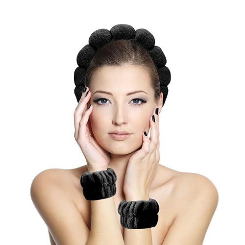 Miniatura 7 de Diadema de spa para lavar la cara con pulsera, diademas de esponja de maquillaje para mujeres, diadema de burbujas para el cuidado de la piel para