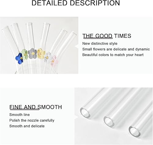 Miniatura 4 de DUMING-IN 6 Pcs Glass Straws with Charms, 8.3''x10MM Cute Flower Glass Straws Shatter Resistant, Clear Reusable Straws Dishwasher Safe for