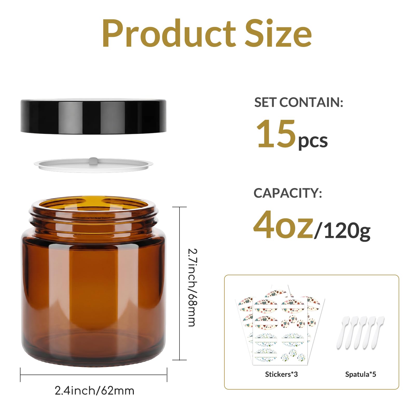 Glass Jars with Plastic Lids, Labels and Scoops - 15 Pack