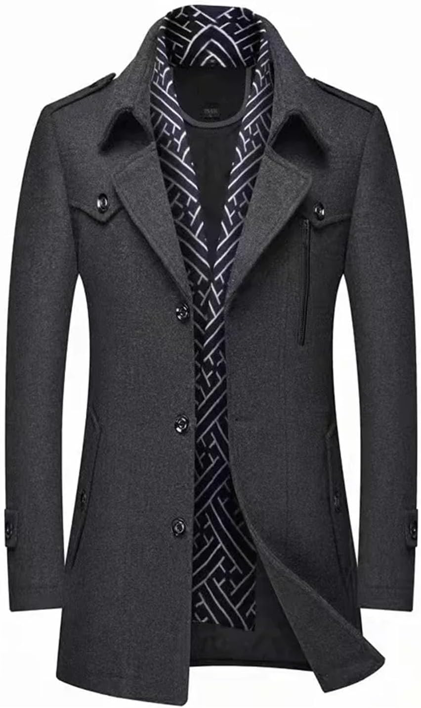 Sharp Charcoal Pea Coat with Patterned Scarf Insert