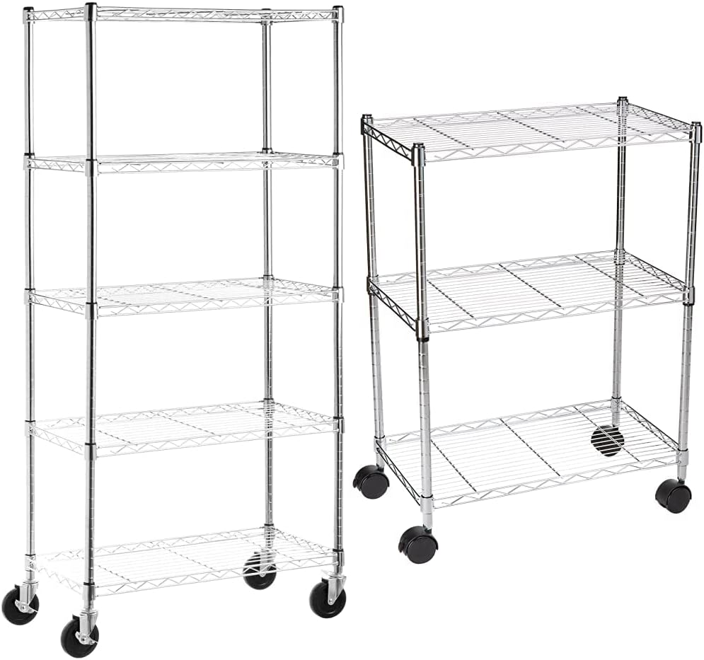 Amazon Basics 5Shelf Shelving Storage Unit on 4'' Wheel Casters, Chrome Silver (30L