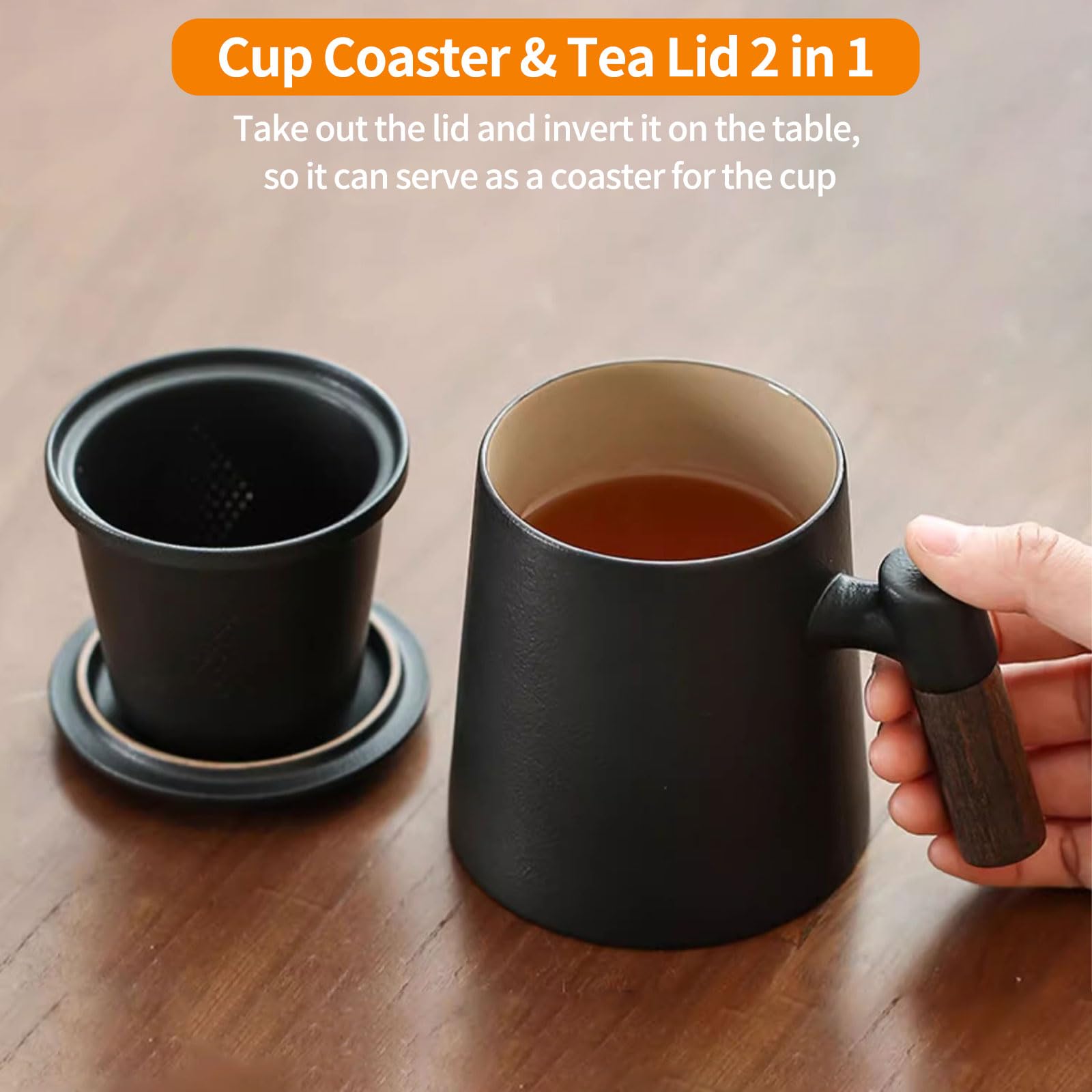 Tazza di Ceramica con Filtro e Coperchio, Tazze da Te con Infusore e Colino 400ml Grande, Tazzine da The con Manico Legno perfetto per La Preparazione di tè Sciolto, Regalo Tazza per Tisana Infusi