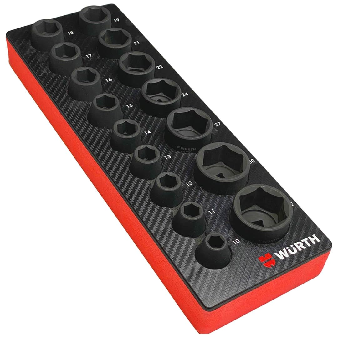 Würth 1/2 Zoll Kraft Steck Schlüssel Nuss Satz Sechskant 16 Teile 6-kant metrisch kurz in ORSY Schaumeinlage für Werkstattwagen 0965905214