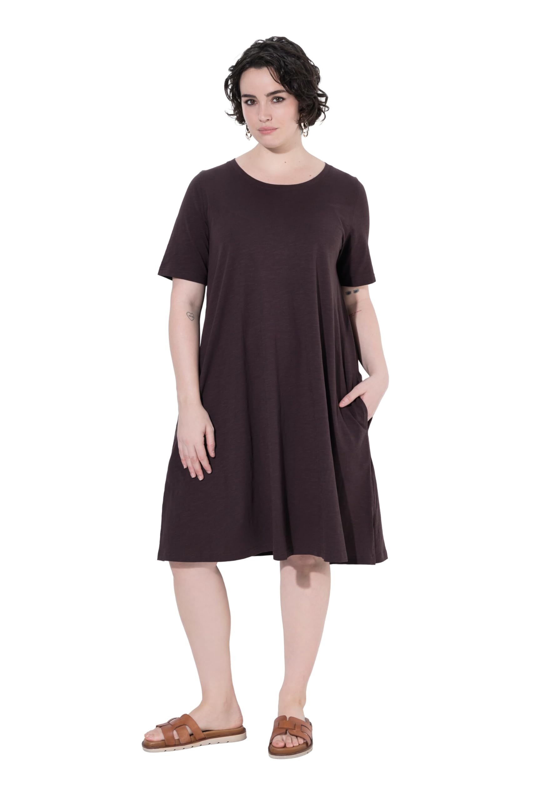 Ulla Popken Vestido de Jersey, Forma en A, Cuello Redondo, Media Manga, Bolsillos 819165