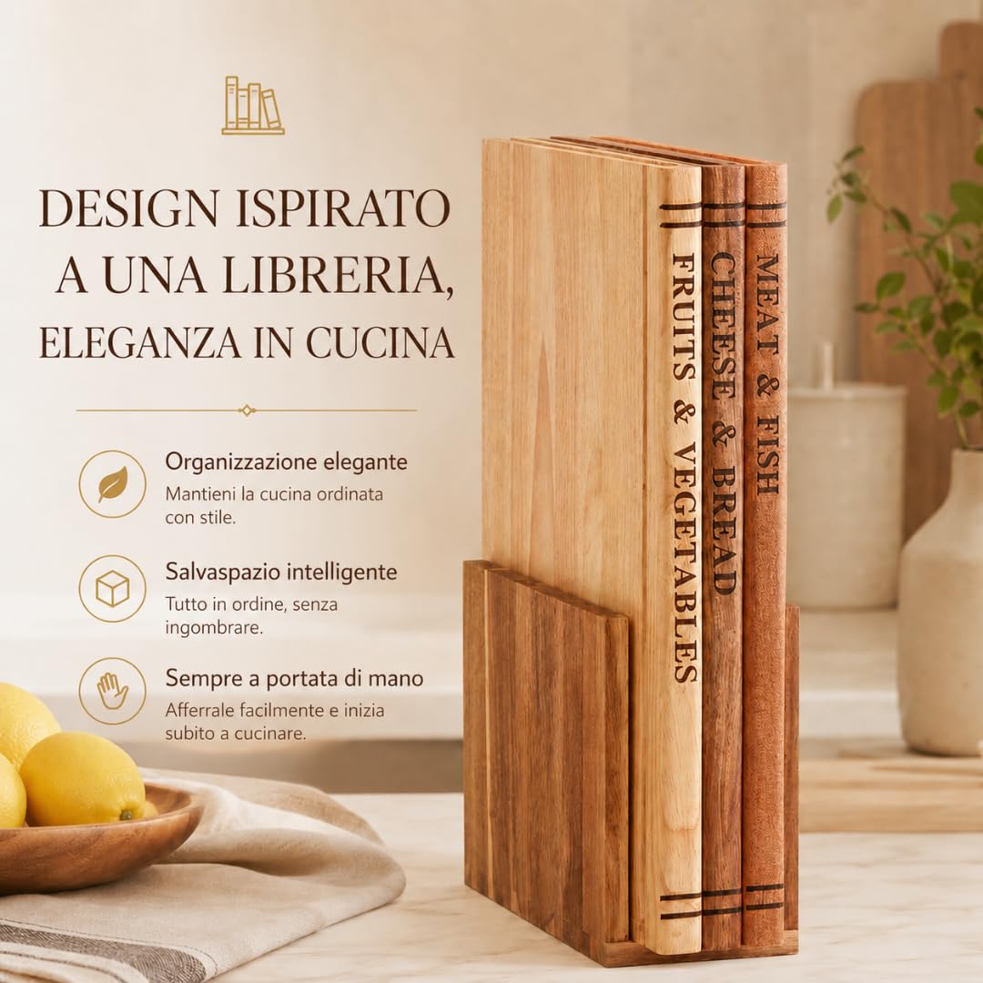Set Taglieri da Cucina in Legno con Supporto – 3 Taglieri in Rovere, Acacia ed Ebano – Tagliere Legno Massello per Cucina con canalina – Senza Plastica, Design Salvaspazio in Stile Libreria