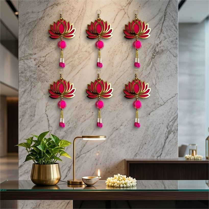 Image of Handcrafted Decorative Wall Decor Hanging Ornament for Ganpati Diwali Navratri and Pooja Setup Ethnic Hanging for Home Entrance and Mandir Temple Decor Set of 6 Lotus MDF Wood with Beads and Pearls