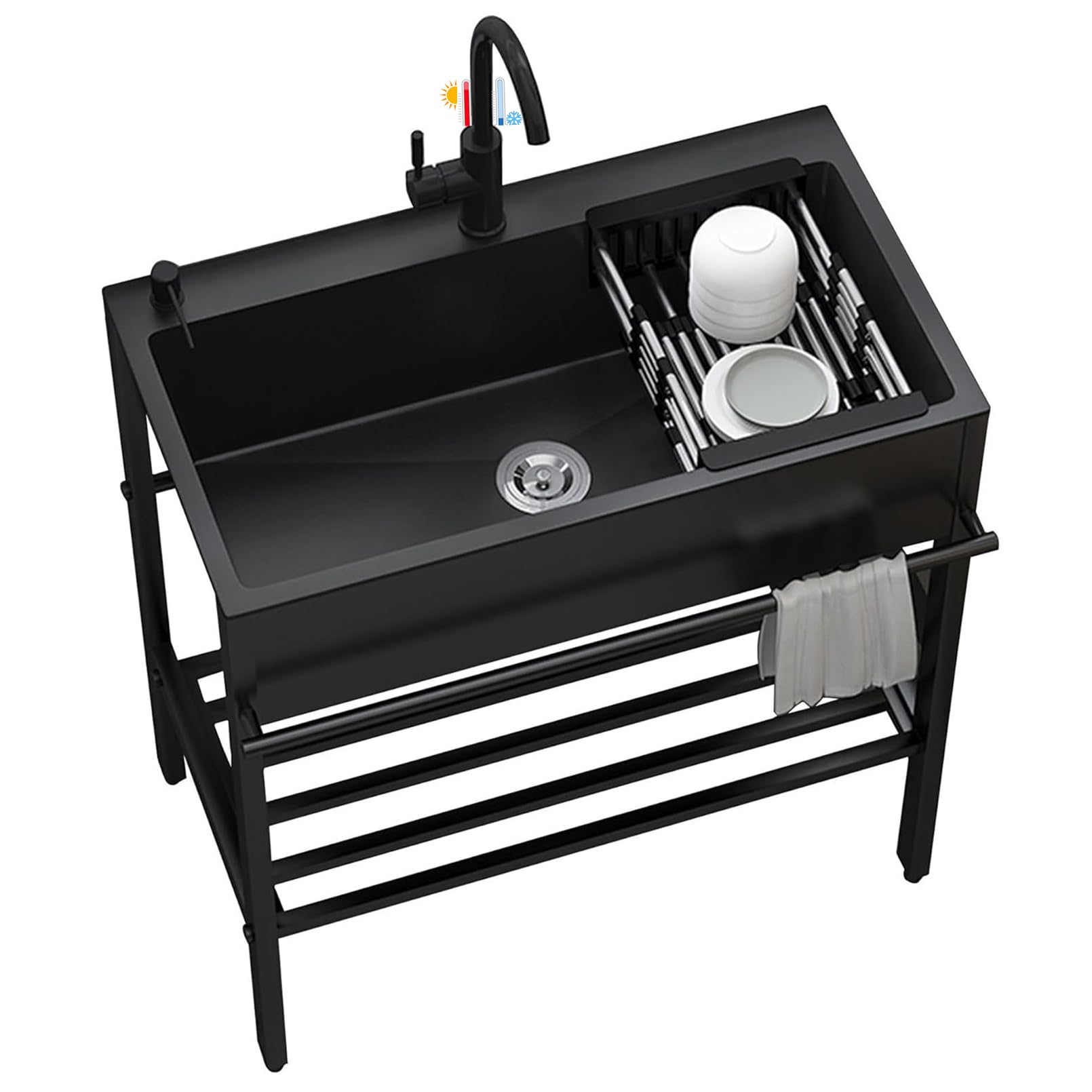 Fregadero de acero inoxidable de pie para lavandería, fregadero de cocina comercial negro, 1 compartimento, fregadero de baño con grifo negro y estantes de almacenamiento 80cmx45cmx85cm