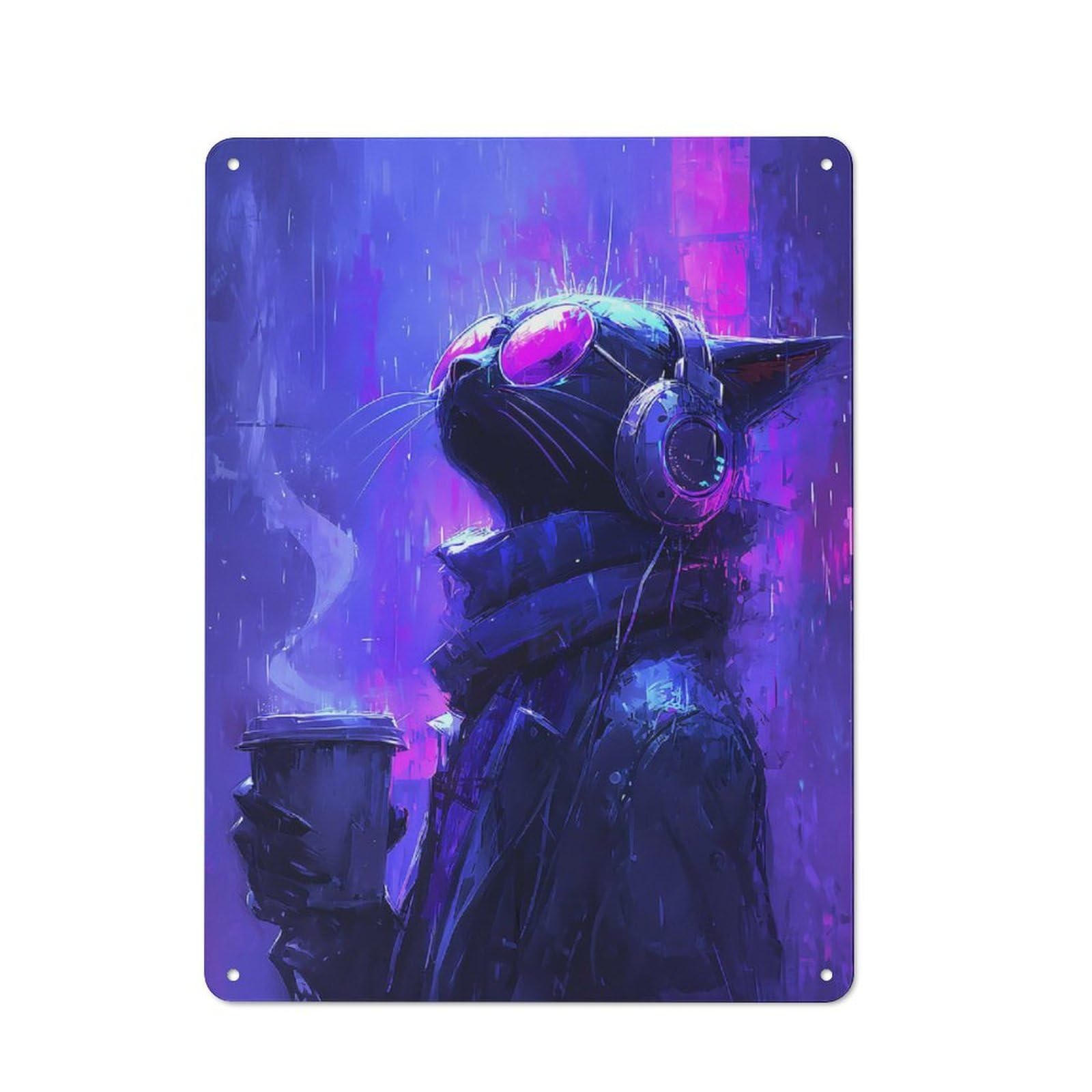 Cyberpunk Cat with Coffee And Headphones Vintage Tin Wall Plaque 40x30cm for Café Or Restaurant, A Decorative Christmas Gift for Café Owners And Decorators