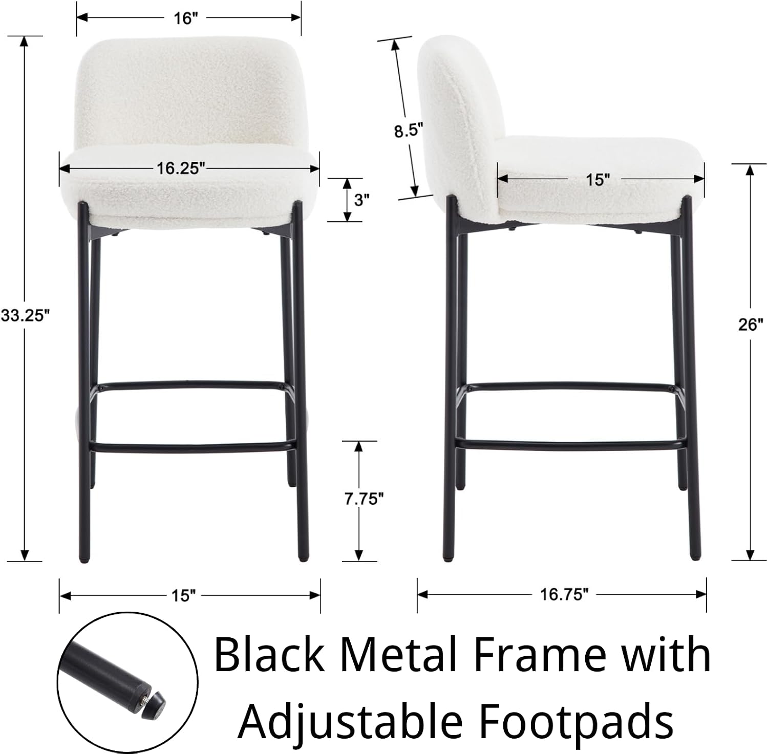 Modern 26" Counter Stools Set of 6, White Sherpa Upholstered Counter Height Bar Stools with Curved Back and Black Metal Legs, Comfy Armless Boucle Kitchen Island Barstools for Dining Room