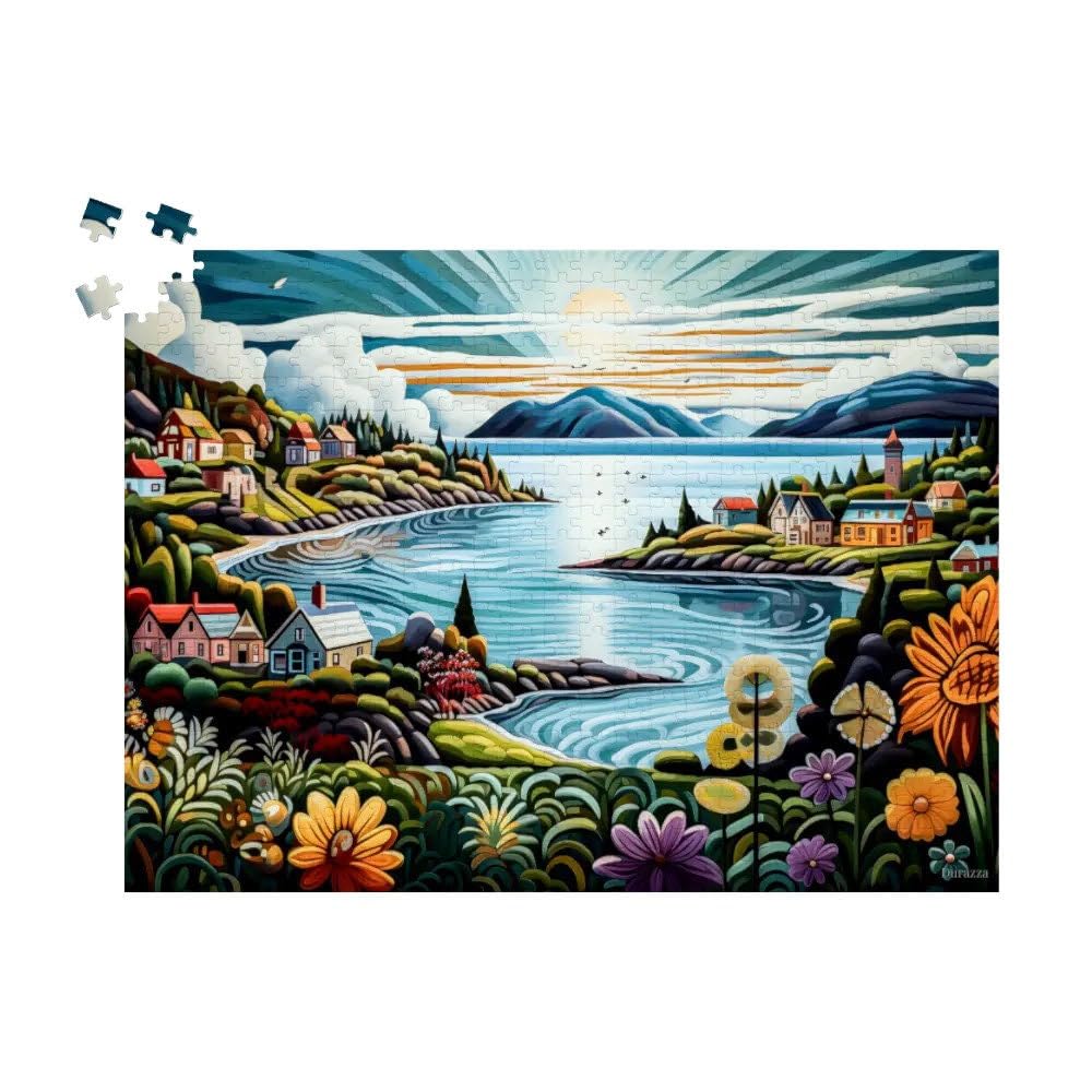 Whimsical Scandinavian Jigsaw Puzzle: Golden Isle- Wooden 1000 Pieces, Scandinavian Norwegian Folk Art Riverfront Village โ image 1