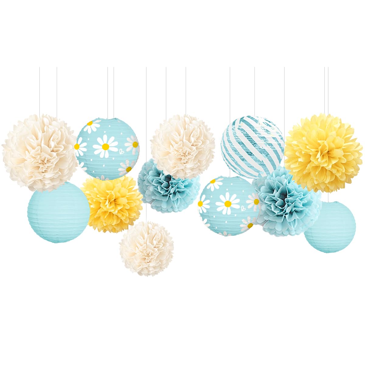 Daisy Party Decorations - 12Pcs Yellow Blue Paper Lanterns, Pom Poms & Confetti For Boho Themes