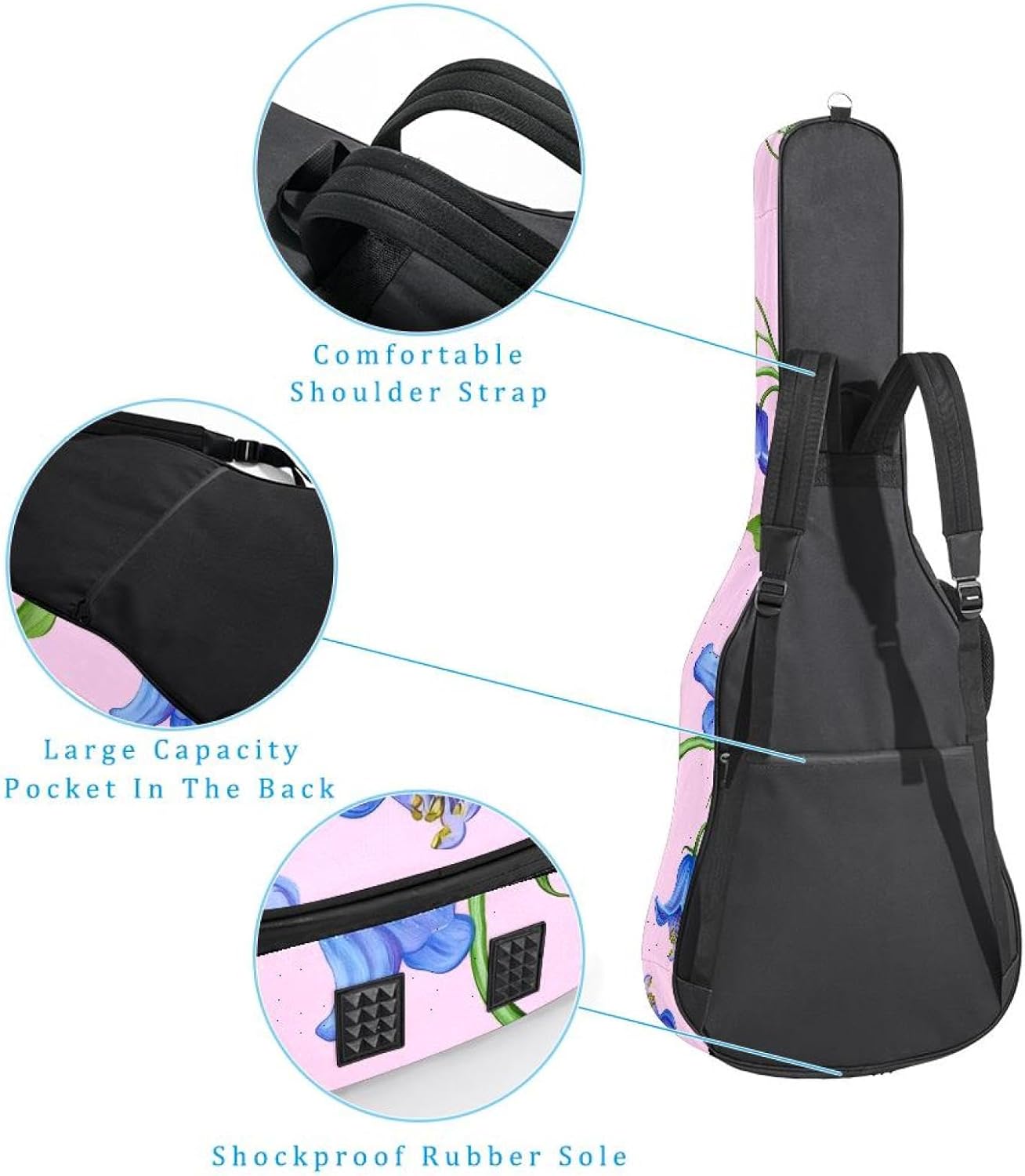 40 41 42 Inch Acoustic Guitar Bag, 0.4 In Thick Sponge Padded Guitar Case Gig Bag with Back Hanger Loop and 2 Pockets, Blue Bluebells Flowers on Pink Background