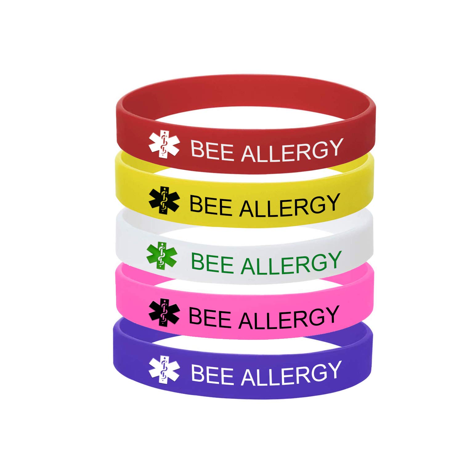 5 Color Pack-Personalized Engraved Medical Alert ID Jewelry Food Drug Allergy Bracelets,100% Silicone Rubber ID Survivor Bracelet Band,Emergency Contact Bracelet,Diabetes Bracelet,5.5"-7.9"