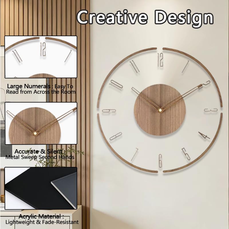 Modern Minimalist Wooden Wall Clock - Silent Non-Ticking Battery Operated Wall Clock for Living Room Bedroom Kitchen Office Decor, 12 Inch Large Wall Clock with Sleek Open Frame Design - Image 5