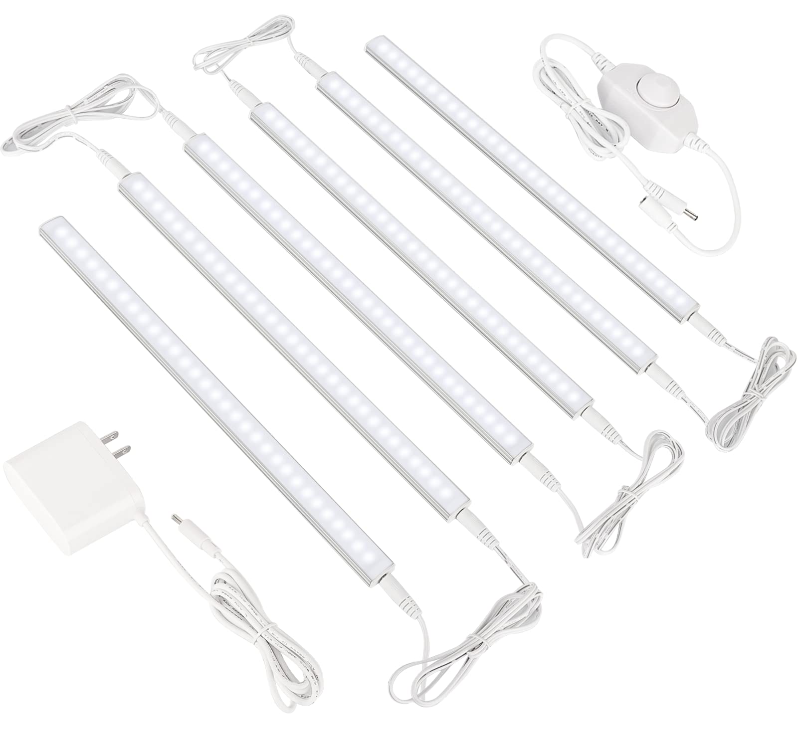 ASOKO Dimmable Led Under Cabinet Lighting for Kitchen - 6 Pcs 12 inches Linkable Led Counter Light Bars, Led Closet Light Cold White 6000K,DC12V 1800Lumens,18W Led Shelf Lighting (UL Plug)