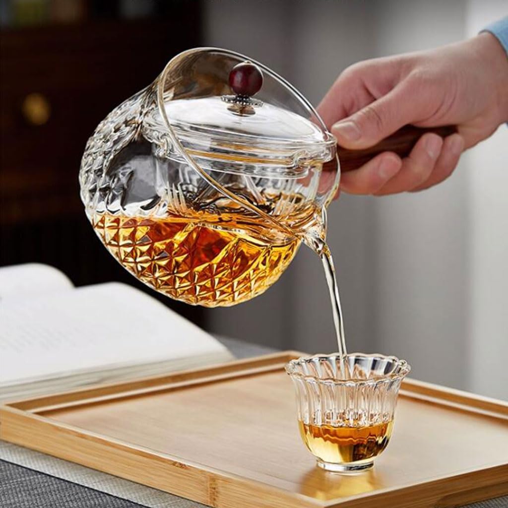 Glas-Teekanne für Zuhause mit rotierendem Einsatz, Teebereiter, großes Fassungsvermögen, Seitengriff, Teekessel, Teeset, 800 ml
