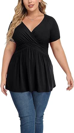 TIANZHU Women's Plus Size Dressy Tops Wrap Shirt Short Sleeve Tunic Top V Neck Low Cut Cute Blouse