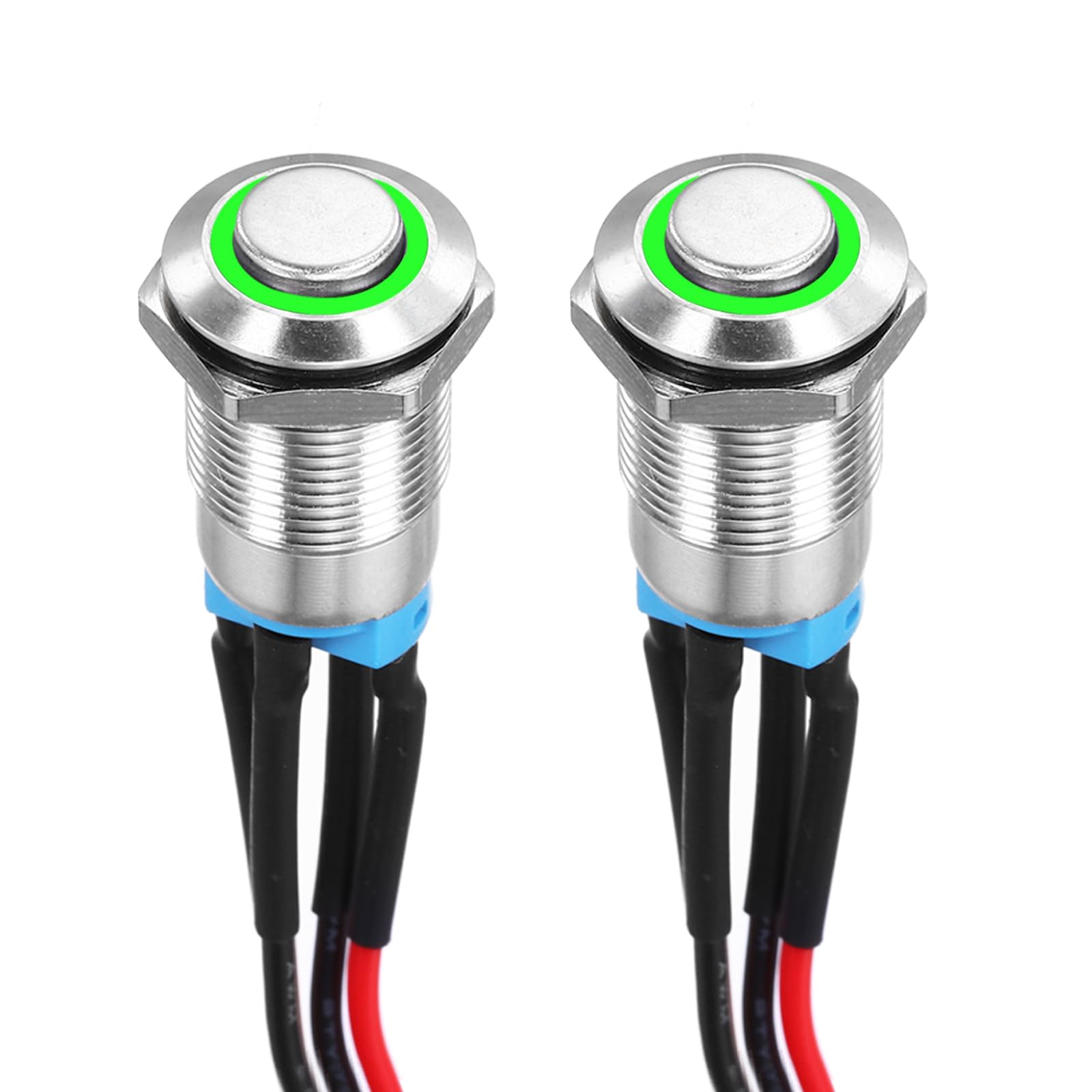 DMiotech 1/2 Inch Stainless Steel Latching Push Button Switch Domed Head 3A 12-24V Silver Shell with Pre-soldered Green LED Ring Light 1NO