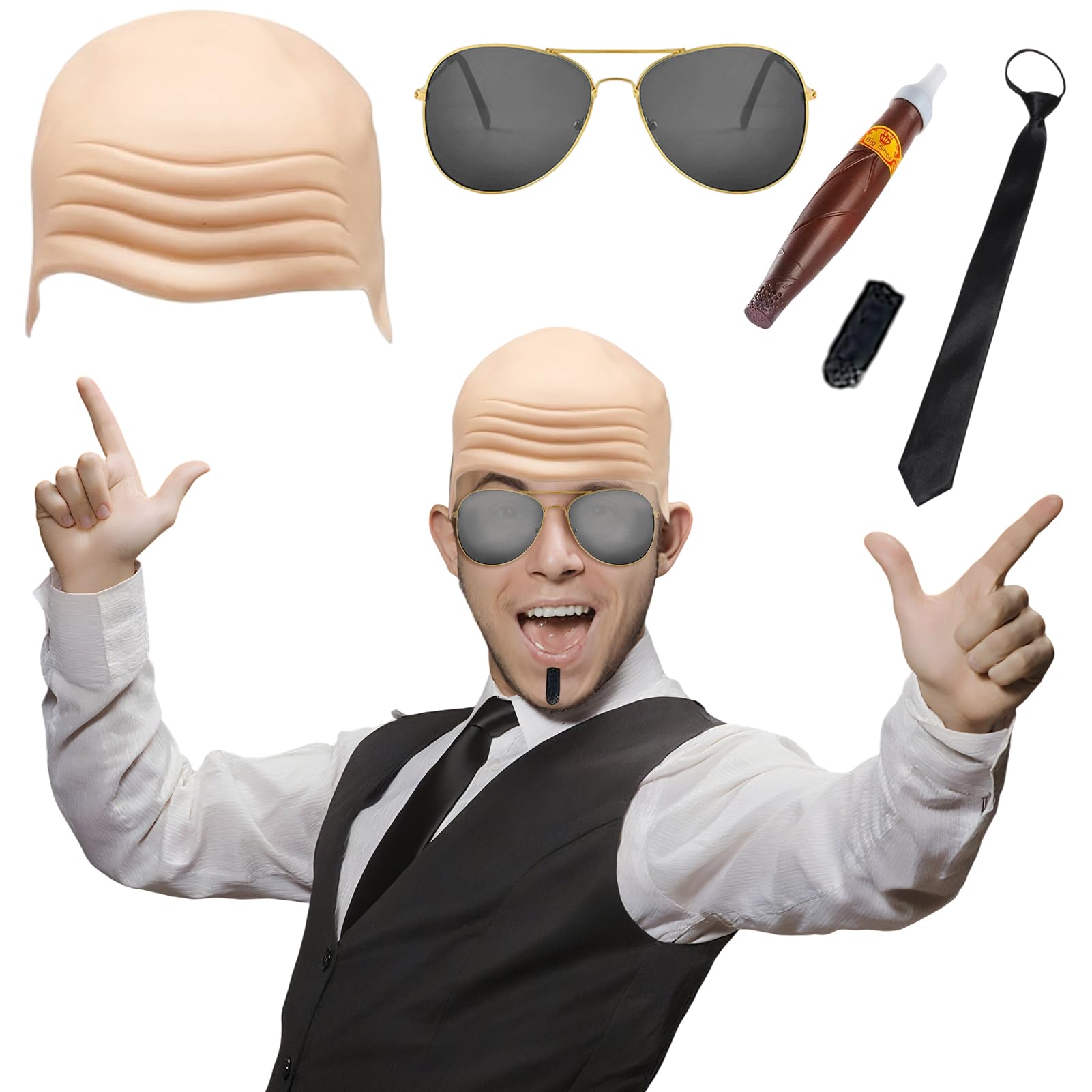 Antsparty Adults Mr Worldwide Accessory Set, 5Pcs Famous Rapper Cosplay Set including Nude Bald Cap Sunglasses Fake Beard Tie